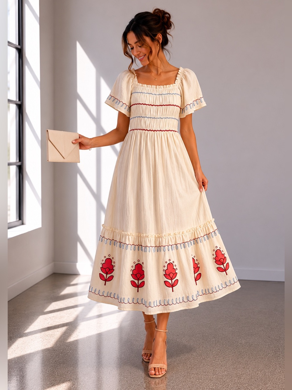 431. Embroidered Garden Charm Midi Dress with Pockets